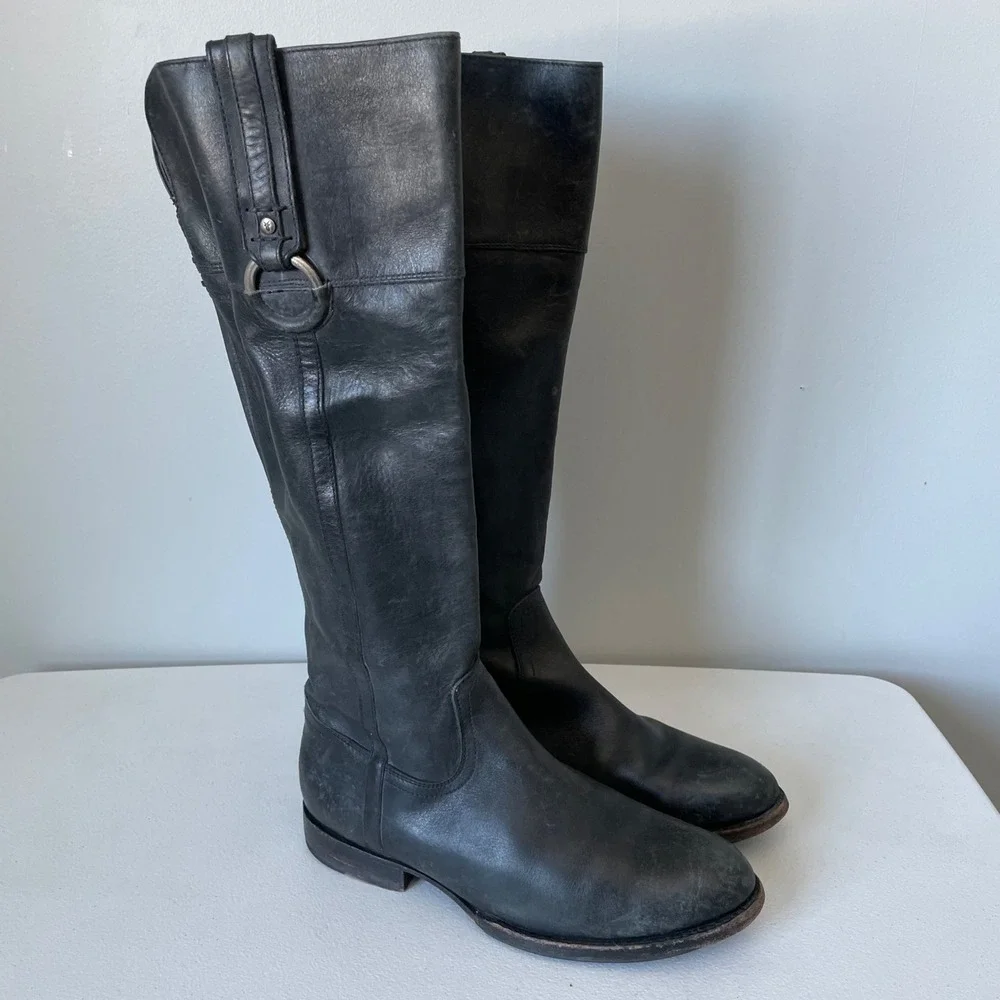 Frye Jamie Ring Tall Distressed Black Leather Riding Boots Size Women's 9